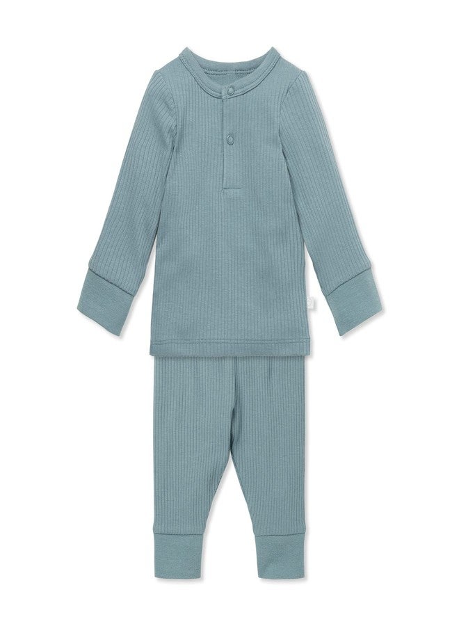 MORI Baby Unisex Pajama Set in Ribbed Blue - Front Popper Top and Elastic Waist Bottoms - Two Piece Sleepwear - 3-6 Months - Image 1