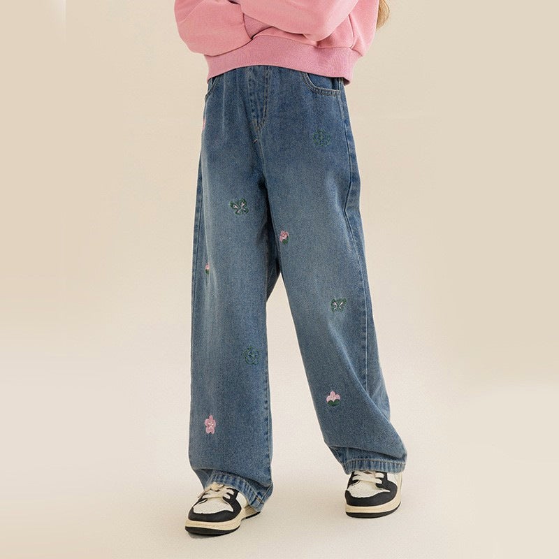 Girls' Wide Leg Pants Embroidered 2025 New Style Large Children'S Loose Straight Pants Big Children'S Girls Denim Pants - Image 2