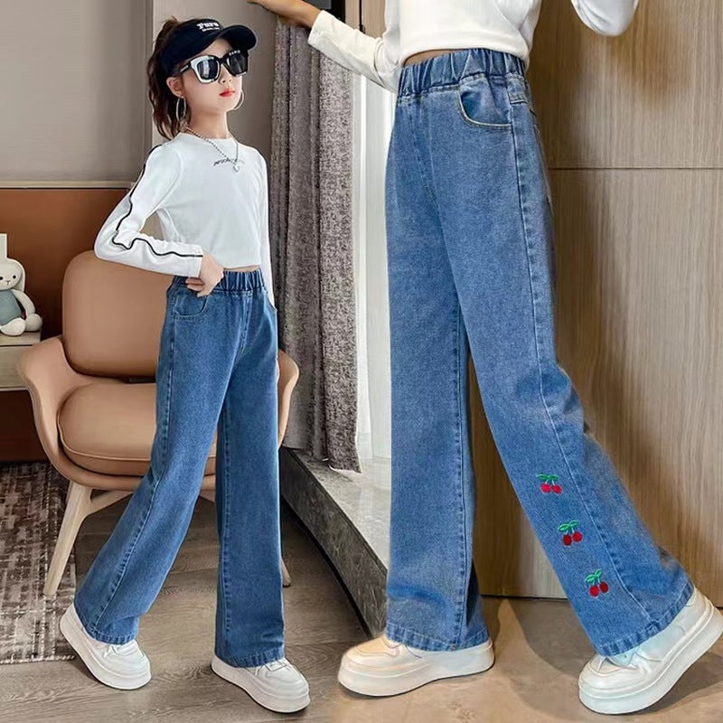 Girls' Wide Leg Pants Embroidered 2025 New Style Large Children'S Loose Straight Pants Big Children'S Girls Denim Pants - Image 5