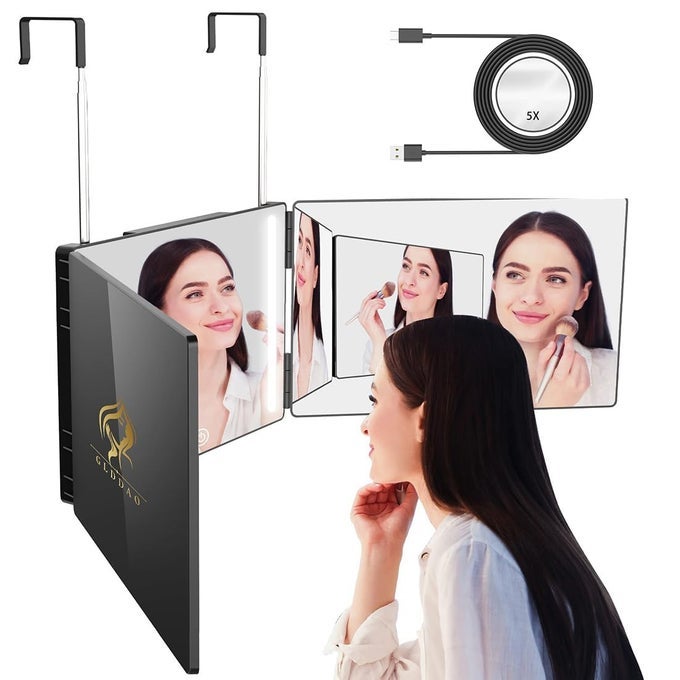 THREE WAY MIRROR FOR BRAIDING HAIR LED LIGHTED TRIFOLD 360 MIRROR FOR WOMEN FOR BRAIDING HAIRCUTS FOR MEN SELF CUT SHAVING BARBER HAIR CUTTING TOOLS