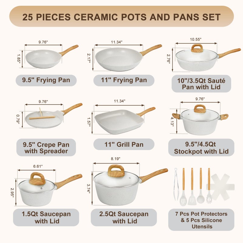 EWFEN Nonstick Pots and Pans Set, 25-Piece Ceramic Cookware Set, Induction Kitchen Cooking Set with Frying Pans Saucepans & Utensils, Healthy Non-toxic, PFAS/PTFE/PFOA Free, White - Image 2