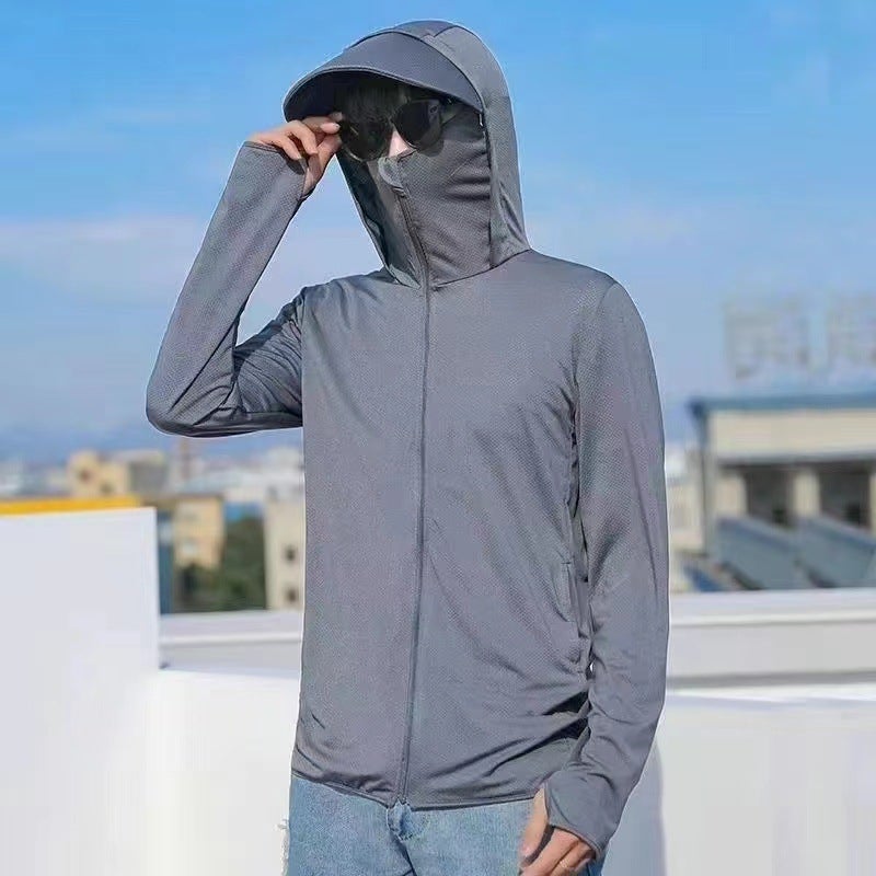 Generic Ice Silk Sun Protection Clothing Mens Summer Hooded Windbreaker Ultra-thin Breathable Outdoor Fishing Sun Protection Suit Coat Jacket dark gray [F03]] 