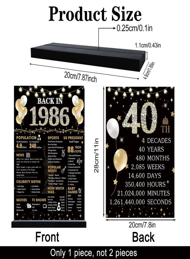 Roetyce 40th Birthday Decorations Gift for Women Men, Black Gold Back in 1986 Poster Acrylic Sign Centerpiece(1PC Duplex Printing), 40th Anniversary Table Decor, 40 Years Old Birthday Party Supplies - Image 2