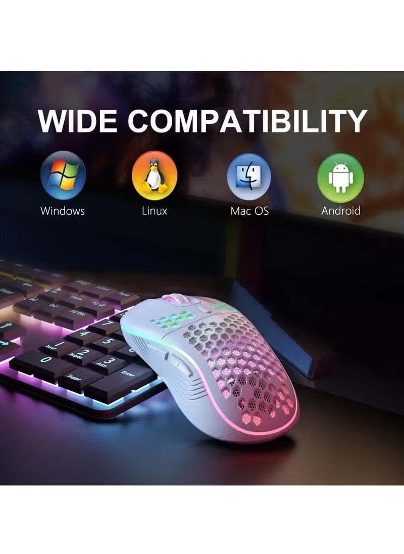 HTKCRX Wireless Mouse Wireless Gaming Mouse, Rechargeable Pc Mouse with RGB Backlight 6 Buttons Adjustable Lightweight Honeycomb Shell for Laptops, PC, Computers, Etc. (Wireless White)  - Image 2