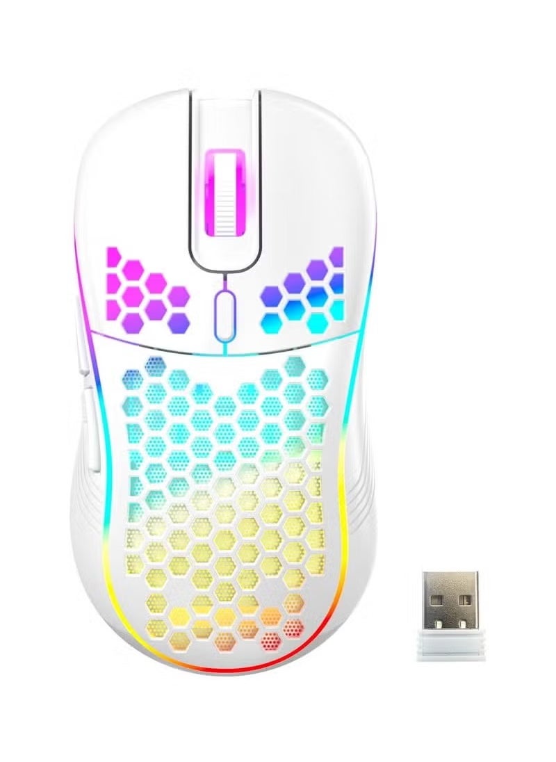 Wireless Mouse Wireless Gaming Mouse, Rechargeable Pc Mouse with RGB Backlight 6 Buttons Adjustable Lightweight Honeycomb Shell for Laptops, PC, Computers, Etc. (Wireless White)