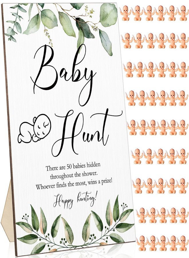 Roowest 51 Pieces Baby Shower Games Include Wooden Hunt Sign 50 Mini Plastic Baby Shower Games Gender Reveal Party Favors Prizes for Game(Greenery Style) - Image 1