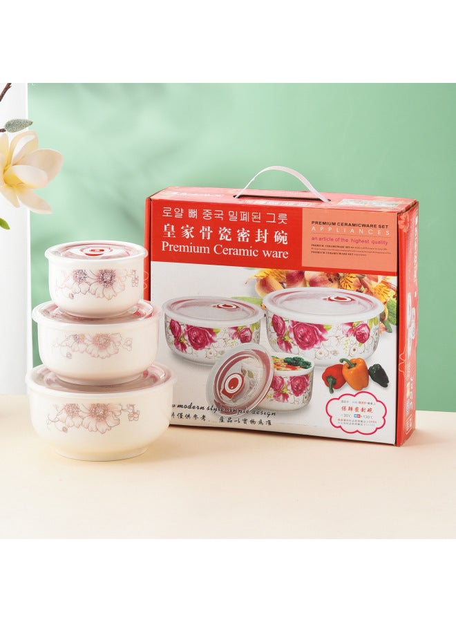 Bear Ceramic Preservation Bowl Three-piece Set Sealed Bowl Gift Bowl Set Gift Microwave Oven Bowl Plus LOGO Preservation-Specifications:Gold Lotus Set Of Three Fresh-keeping Bowls (20 Sets/box)-Color:4inch 5inch 6inch  - Image 1