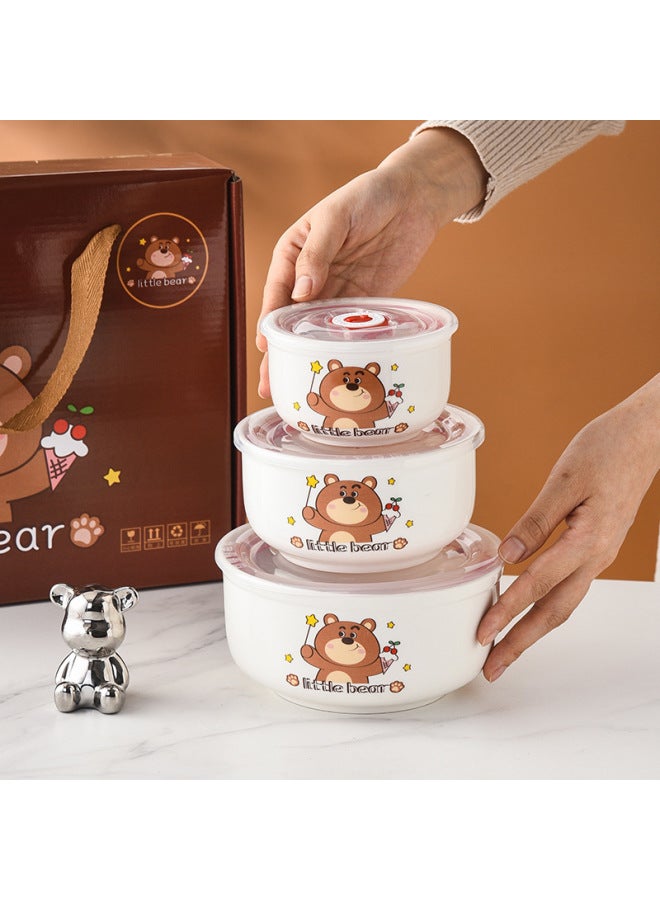 Bear Ceramic Preservation Bowl Three-piece Set Sealed Bowl Gift Bowl Set Gift Microwave Oven Bowl Plus LOGO Preservation-Specifications:Gold Lotus Set Of Three Fresh-keeping Bowls (20 Sets/box)-Color:4inch 5inch 6inch  - Image 3