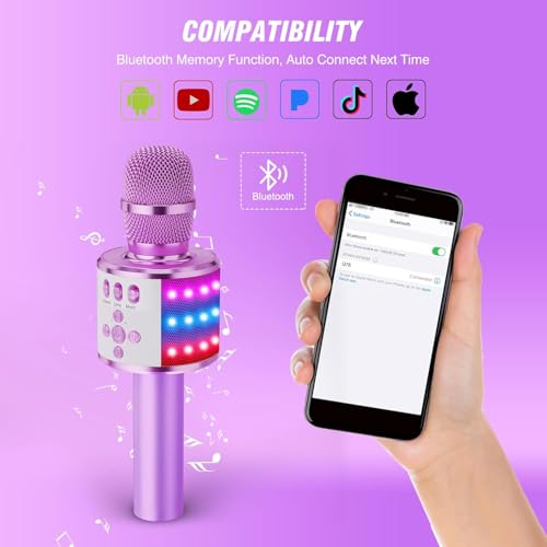 BONAOK Karaoke Microphone for Kids & Adults - Bluetooth Microphones Singing Mic with Disco Lights, Echo Effect, Built-in Speaker Portable Karaoke Player for Party Travel Gifts Q78(Light Purple) - Image 4