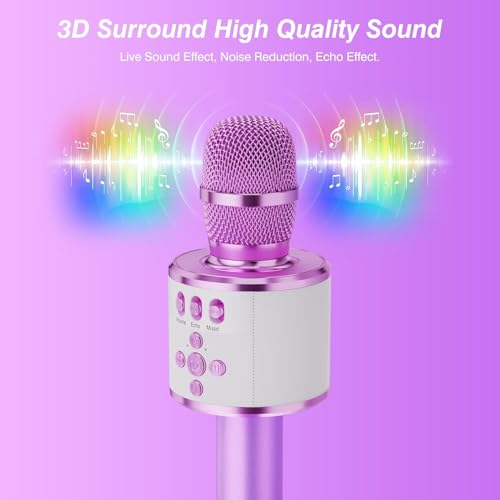 BONAOK Karaoke Microphone for Kids & Adults - Bluetooth Microphones Singing Mic with Disco Lights, Echo Effect, Built-in Speaker Portable Karaoke Player for Party Travel Gifts Q78(Light Purple) - Image 5