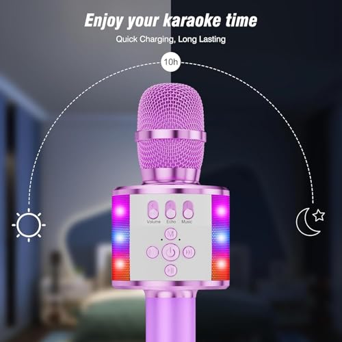 BONAOK Karaoke Microphone for Kids & Adults - Bluetooth Microphones Singing Mic with Disco Lights, Echo Effect, Built-in Speaker Portable Karaoke Player for Party Travel Gifts Q78(Light Purple) - Image 3