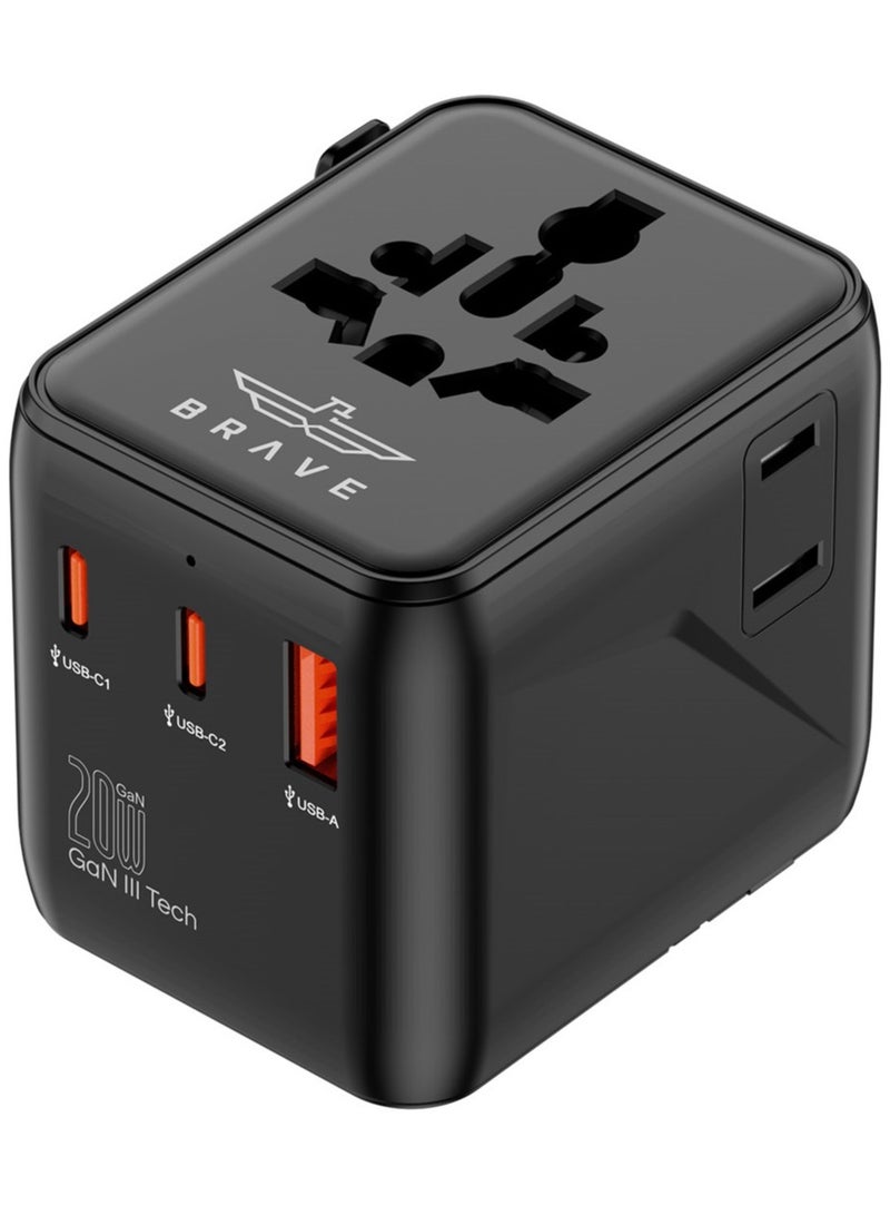 Brave Universal Travel Adapter GaN III PD 20W Fast Charger | Worldwide Power Plug with 2 USB-C & 1 USB-A Port | International Wall Charger for iPhone, Android, Tablets, Laptop | Works in 200+ Countries Including USA, UK, EU, AUS, UAE | Compact & Portable Design  - Image 1