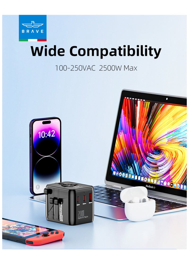 Brave Universal Travel Adapter GaN III PD 20W Fast Charger | Worldwide Power Plug with 2 USB-C & 1 USB-A Port | International Wall Charger for iPhone, Android, Tablets, Laptop | Works in 200+ Countries Including USA, UK, EU, AUS, UAE | Compact & Portable Design  - Image 4