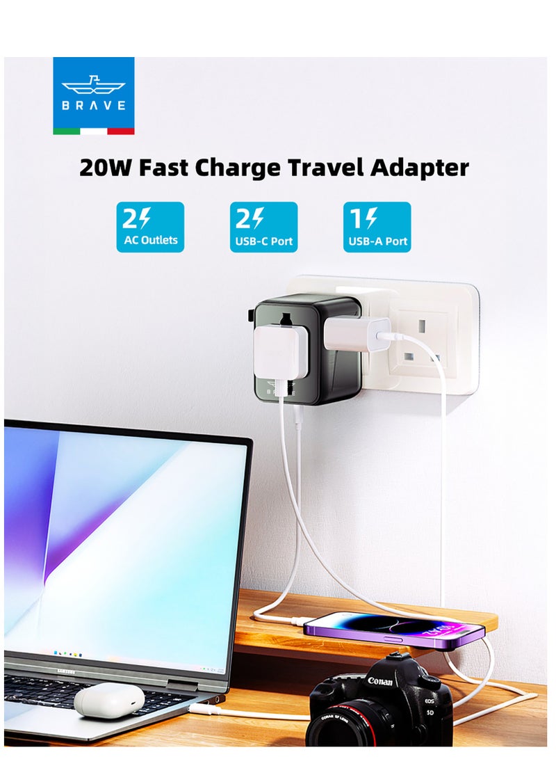 Brave Universal Travel Adapter GaN III PD 20W Fast Charger | Worldwide Power Plug with 2 USB-C & 1 USB-A Port | International Wall Charger for iPhone, Android, Tablets, Laptop | Works in 200+ Countries Including USA, UK, EU, AUS, UAE | Compact & Portable Design  - Image 3