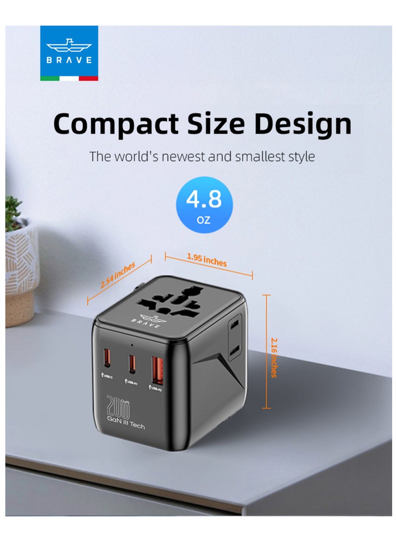 Brave Universal Travel Adapter GaN III PD 20W Fast Charger | Worldwide Power Plug with 2 USB-C & 1 USB-A Port | International Wall Charger for iPhone, Android, Tablets, Laptop | Works in 200+ Countries Including USA, UK, EU, AUS, UAE | Compact & Portable Design  - Image 5