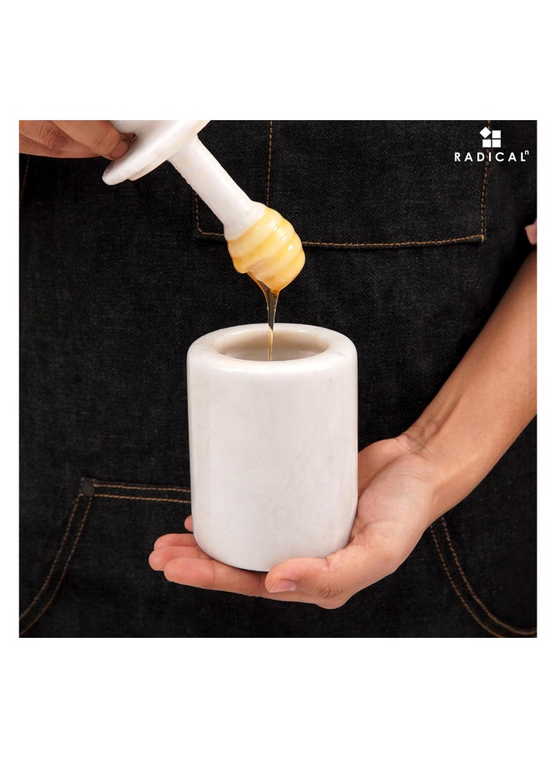 RADICALn White Marble Honey Pot with Lid & Dipper | 5.5" Handmade Mini Honey Jar for Kitchen Counter - Image 2