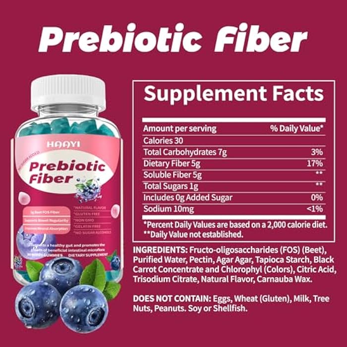 Prebiotic Fiber Supplement Gummies for Adults & Kids 5g beet FOS fiber- Gut Health & Digestive &Mineral Absorption,Soluble Fiber Supplement Gummies - Zero Sugar Added, Vegan, Gluten-Free -90 Count - Image 2