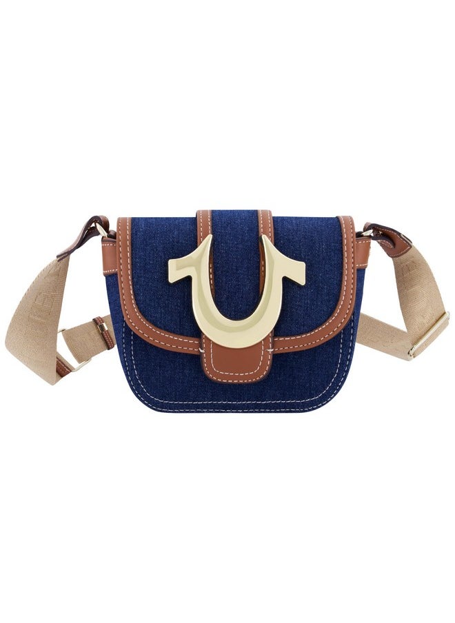 TRUE RELIGION Women'S Crossbody Bag Mini Flap Adjustable Shoulder Handbag With Horseshoe Logo Dark Denim  - Image 1