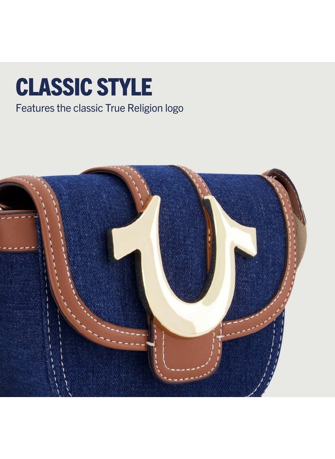 TRUE RELIGION Women'S Crossbody Bag Mini Flap Adjustable Shoulder Handbag With Horseshoe Logo Dark Denim  - Image 3