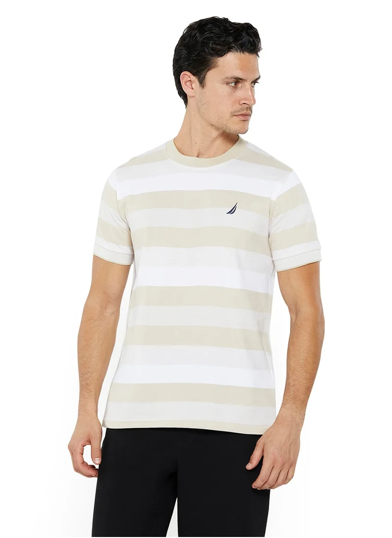 نوتيكا Men's Beige & White Striped Round Neck T-Shirt – Cotton Casual Classic Essential, Summer-Ready!