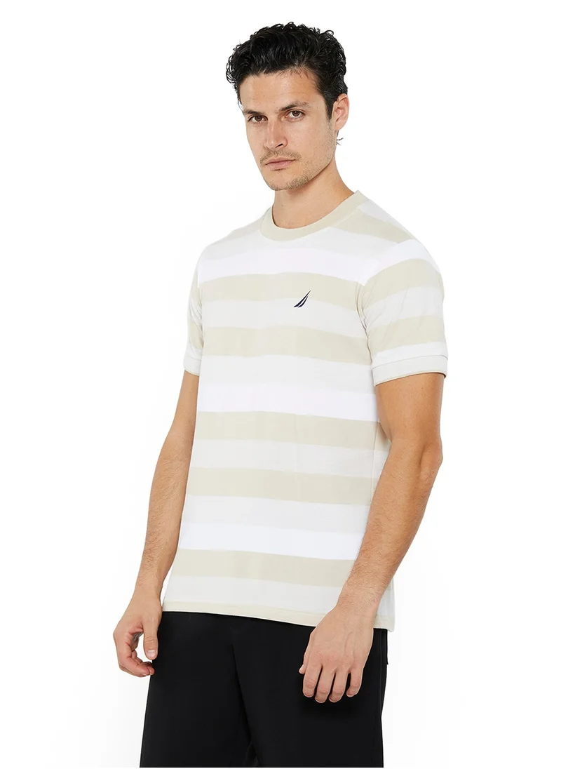 نوتيكا Men's Beige & White Striped Round Neck T-Shirt – Cotton Casual Classic Essential, Summer-Ready!