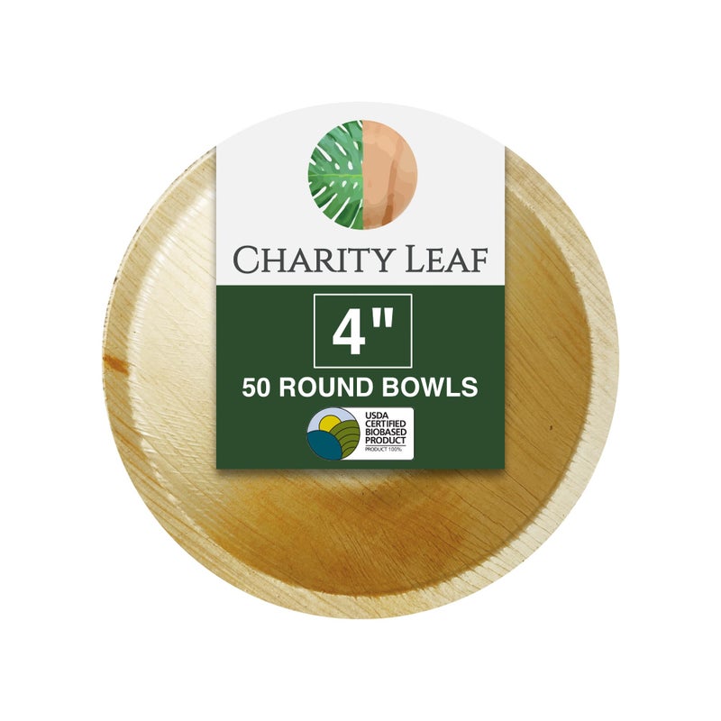 Charity Leaf ورقة الخيرية التي يمكن التخلص منها ورقة النخيل 4 "" وعاء جولة (50 pcs) الأوعية الغمس | الخيزران مثل | كل طبيعية وقابلة للتحلل | لوحات الشواء والحفلات charcuterie - Image 1