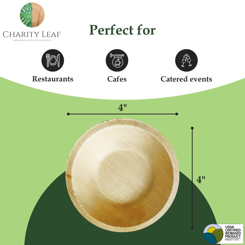 Charity Leaf ورقة الخيرية التي يمكن التخلص منها ورقة النخيل 4 "" وعاء جولة (50 pcs) الأوعية الغمس | الخيزران مثل | كل طبيعية وقابلة للتحلل | لوحات الشواء والحفلات charcuterie - Image 3