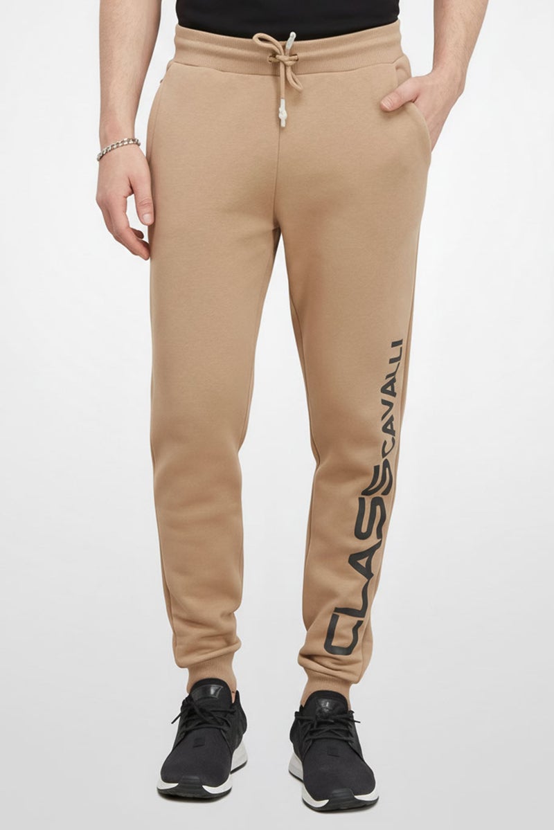 Cavalli Class Men Regular Fit Drawstring Brand Logo Pants, Tan - Image 1