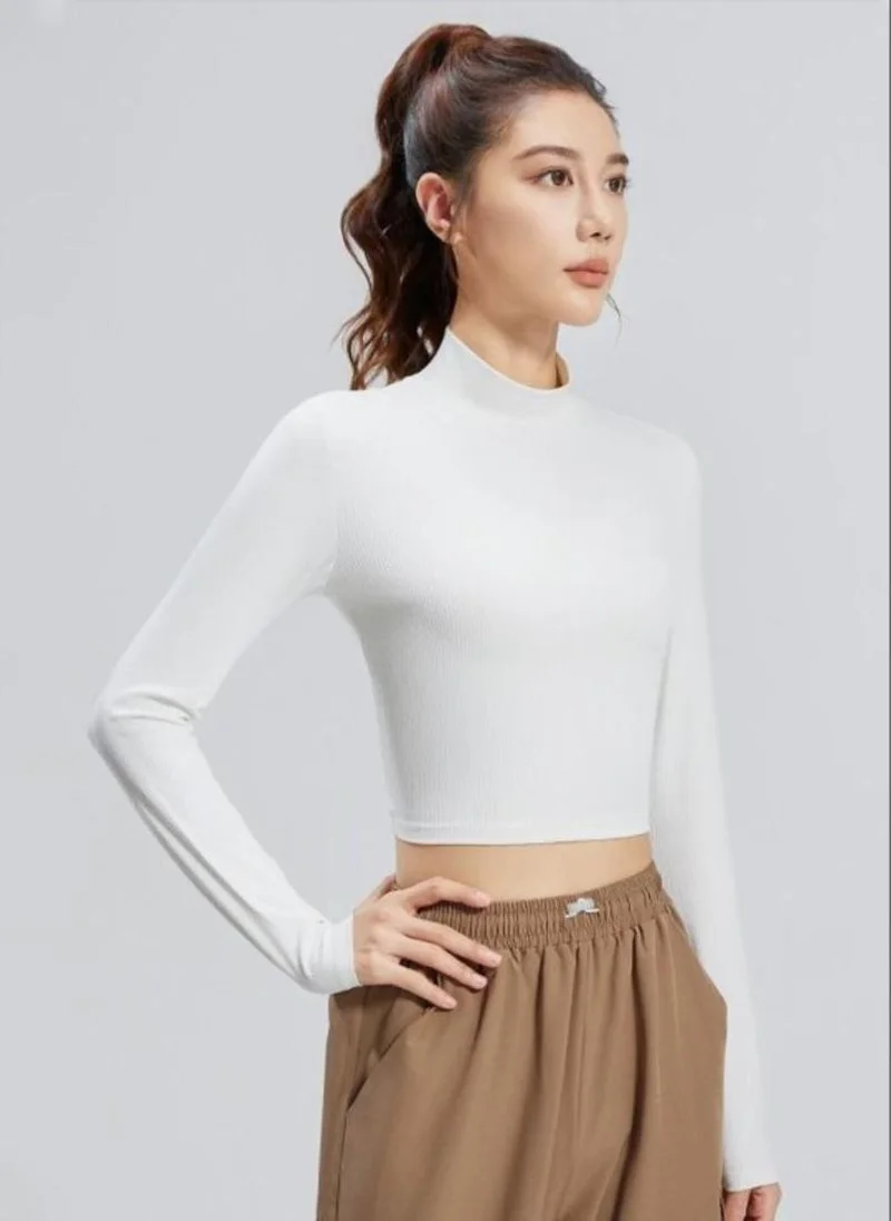 يونيكي White Solid High Neck Long Sleeves Sports Top