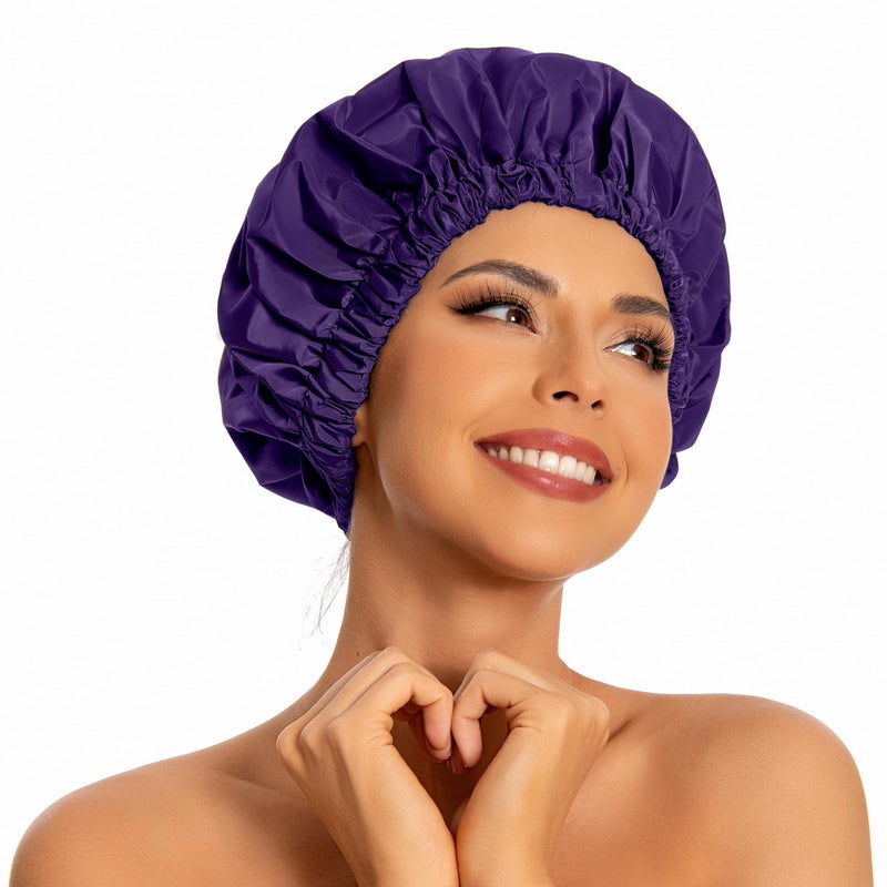 Edoneery Reusable Shower Cap for Women, Large Waterproof Shower Bonnet Washable Elastic Band Bath Hair Hat for Long Hair, Braids(Dark Purple) - Image 1
