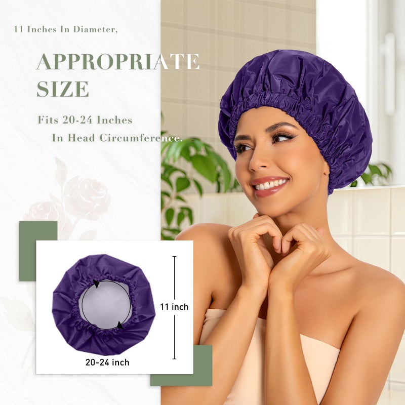 Edoneery Reusable Shower Cap for Women, Large Waterproof Shower Bonnet Washable Elastic Band Bath Hair Hat for Long Hair, Braids(Dark Purple) - Image 3