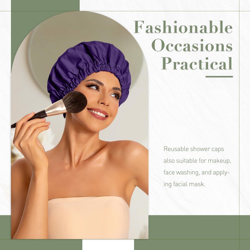 Edoneery Reusable Shower Cap for Women, Large Waterproof Shower Bonnet Washable Elastic Band Bath Hair Hat for Long Hair, Braids(Dark Purple) - Image 2