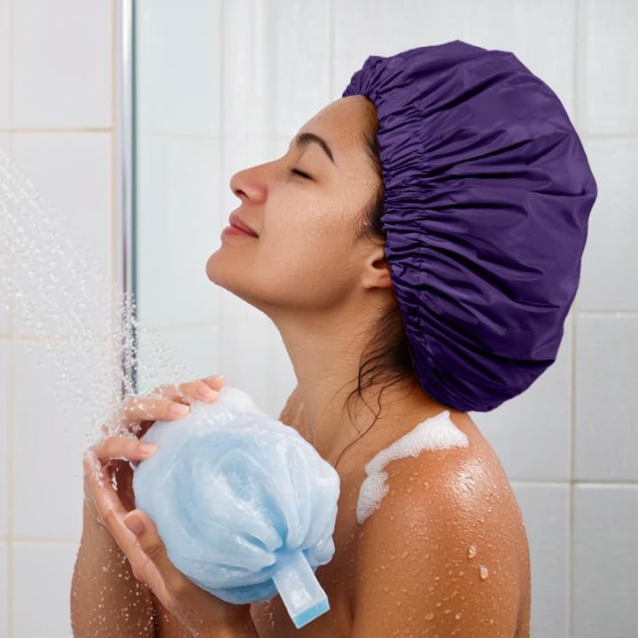 Edoneery Reusable Shower Cap for Women, Large Waterproof Shower Bonnet Washable Elastic Band Bath Hair Hat for Long Hair, Braids(Dark Purple) - Image 4