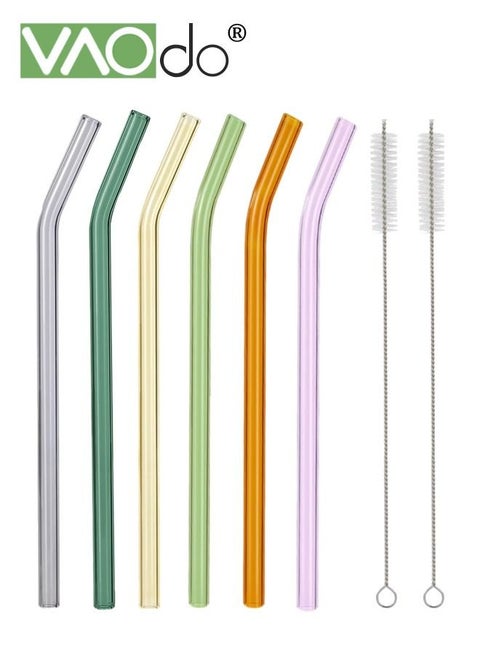 8PCS Reusable Glass Straws Reusable Bent Glass Drinking Straws with 2 Cleaning Brushes Inner Diameter 5MM Reusable Straws for Smoothies Milkshakes Juice Multicolor