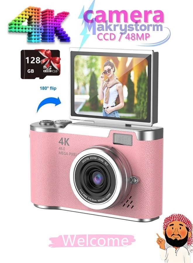 4k CCD Digital Zoom Student Digital Camera 48MP Portable Digital Photography Camera 180° Flip Screen Selfie Camera,free 128GB SD card