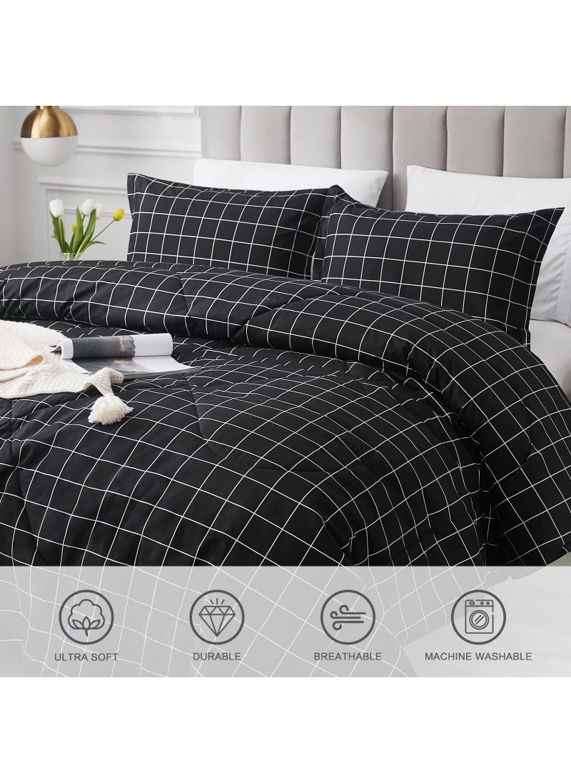 Andency Andency Black Grid Comforter Set Twin Size (66x90 Inch)  2 Pieces(1 Grid Comforter and 1 Pillowcase)  Summer Lightweight Microfiber Down Alternative Black Comforter with White Lines for Kids Girls  - Image 3