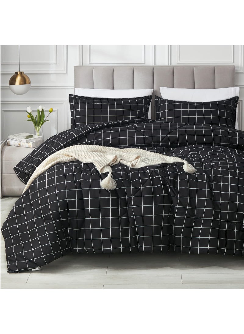 Andency Andency Black Grid Comforter Set Twin Size (66x90 Inch)  2 Pieces(1 Grid Comforter and 1 Pillowcase)  Summer Lightweight Microfiber Down Alternative Black Comforter with White Lines for Kids Girls  - Image 1