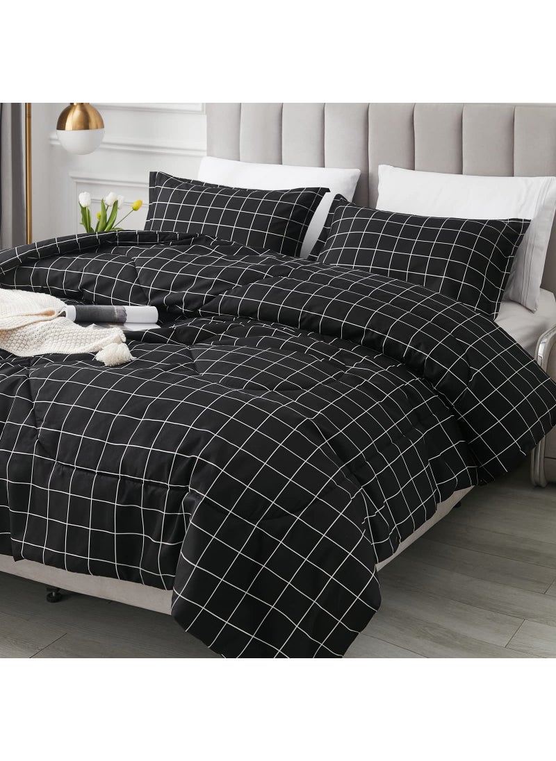 Andency Andency Black Grid Comforter Set Twin Size (66x90 Inch)  2 Pieces(1 Grid Comforter and 1 Pillowcase)  Summer Lightweight Microfiber Down Alternative Black Comforter with White Lines for Kids Girls  - Image 2
