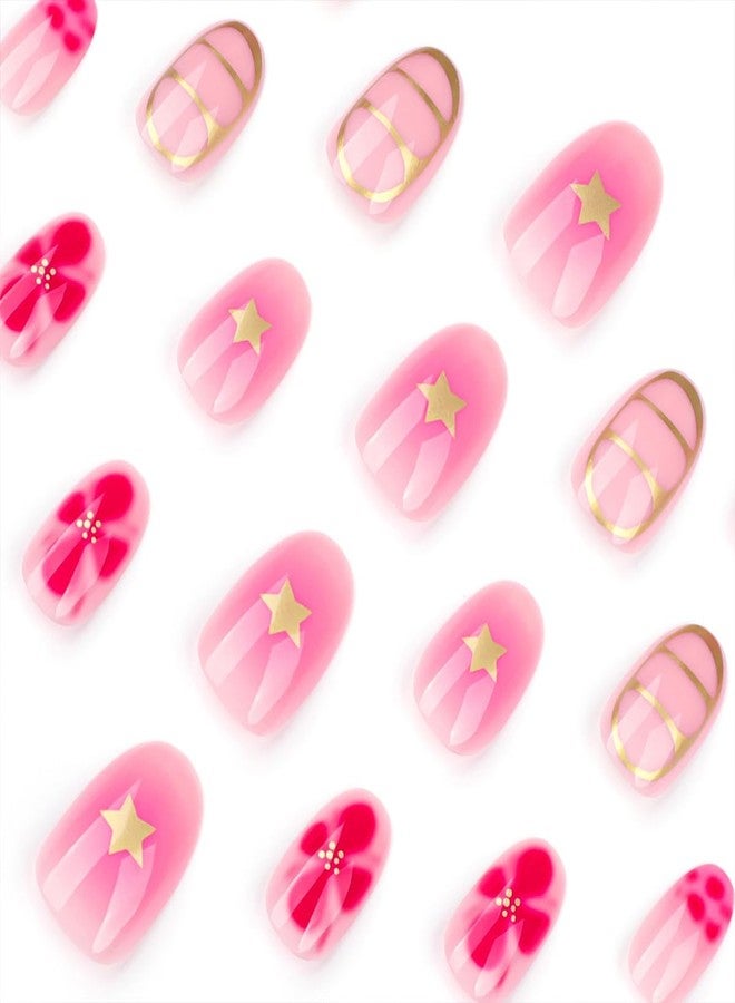 HJKDSFD 24Pcs Flower Press on Nails Short Round Fake Nails Pink Gradient Acrylic Full Cover Glue on Nails Cute Spring False Nails with Star Floral Designs Glossy Stick on Nails for Women Girls - Image 2