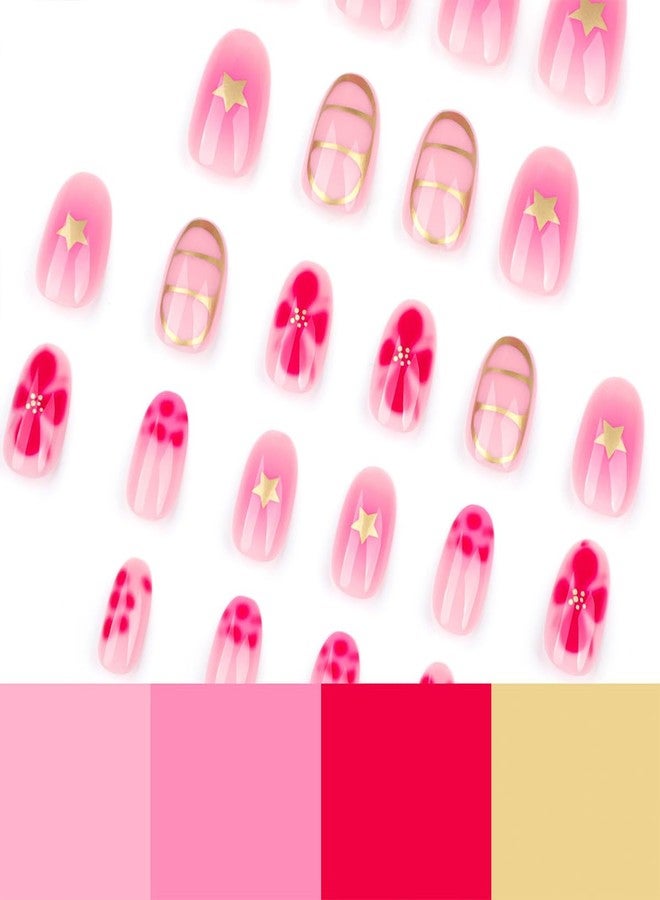 HJKDSFD 24Pcs Flower Press on Nails Short Round Fake Nails Pink Gradient Acrylic Full Cover Glue on Nails Cute Spring False Nails with Star Floral Designs Glossy Stick on Nails for Women Girls - Image 3