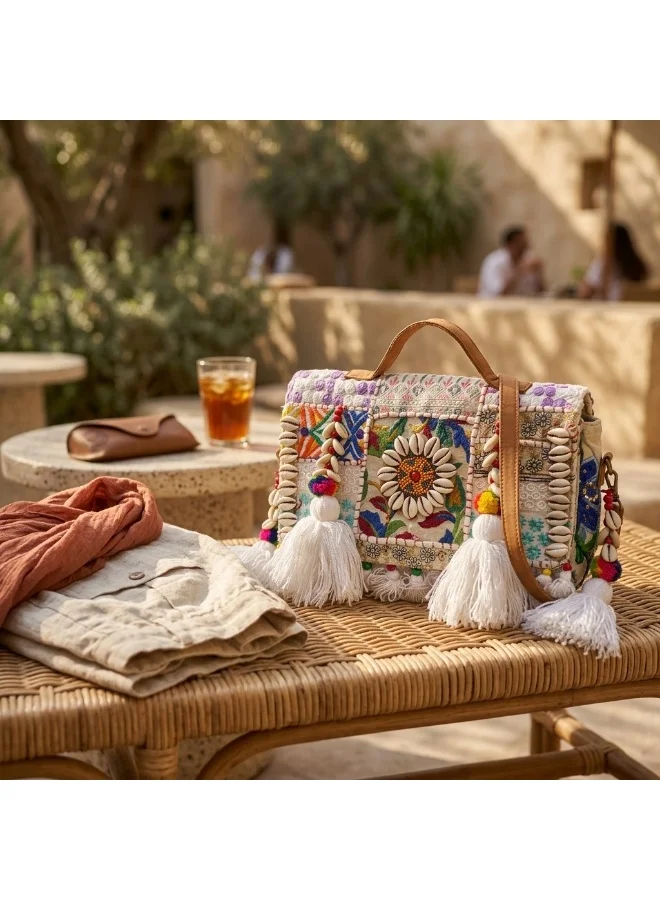 Mobcos Mobcos Potli Bag White Kodi White Kodi Handmade Embroidered Potli Bag | Premium Cotton Boho Shoulder Handbag with Zipper | Spacious Ethnic Bag for Office, Shopping, Travel & Daily Use  | Best Price UAE