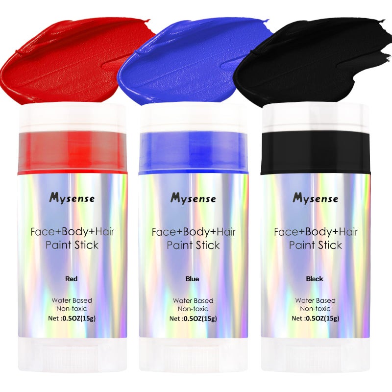 Mysense مجموعة عصا طلاء الوجه والجسم والشعر من ميسنس، لون شعر مؤقت قابل للغسل قائم على الماء، طلاء جسم كريمي غير سام للبالغين والأطفال لمكياج هالوين وكوسبلاي SFX، أحمر + أزرق + أسود، 0.5 أونصة/قطعة - Image 1