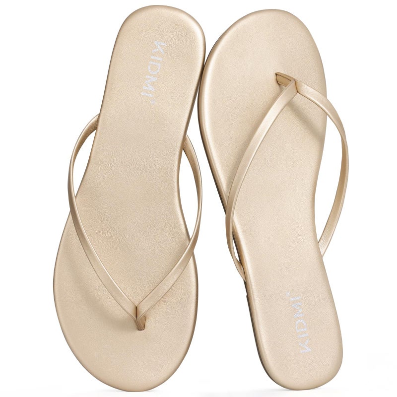 KIDMI Thong Flip Flops for Women - Memory Foam Summer Beach Sandals for Women - Vegan Leather Flat Sandals, Gold EU 39 - Image 1