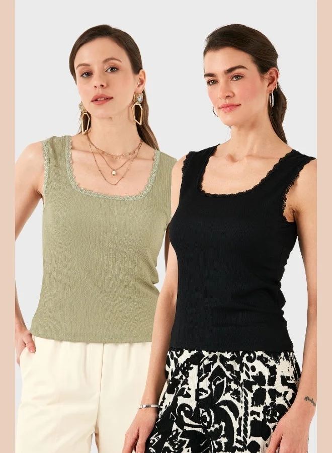 Lela Lela Slim Fit Thick Lace Square Neck Crepe 2-Pack Undershirt Women's Undershirt 5864979S2