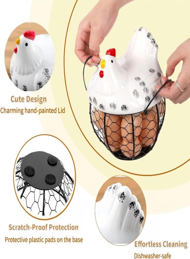 Chicken Egg Basket with Ceramic Lid, Black Wire Egg Collection Basket for Gathering Fresh Eggs, Decorative Farmhouse Storage Container for Kitchen Countertop - Image 3