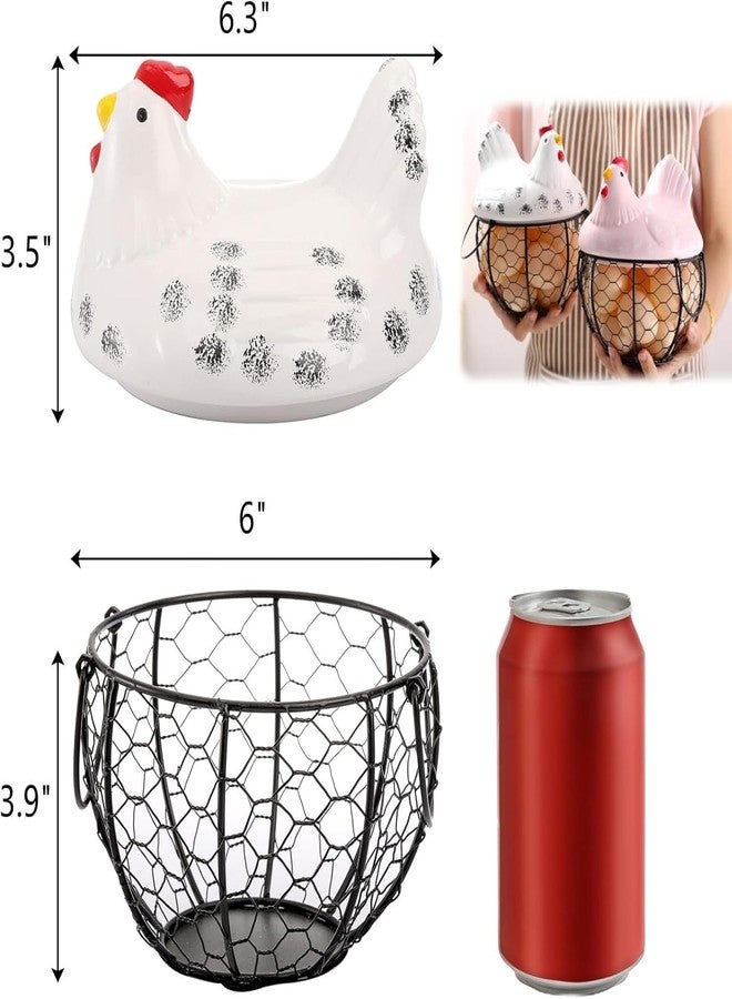 Chicken Egg Basket with Ceramic Lid, Black Wire Egg Collection Basket for Gathering Fresh Eggs, Decorative Farmhouse Storage Container for Kitchen Countertop - Image 2