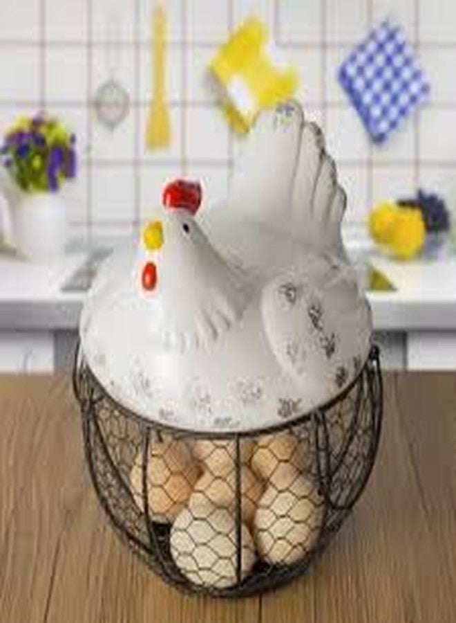 Chicken Egg Basket with Ceramic Lid, Black Wire Egg Collection Basket for Gathering Fresh Eggs, Decorative Farmhouse Storage Container for Kitchen Countertop - Image 1
