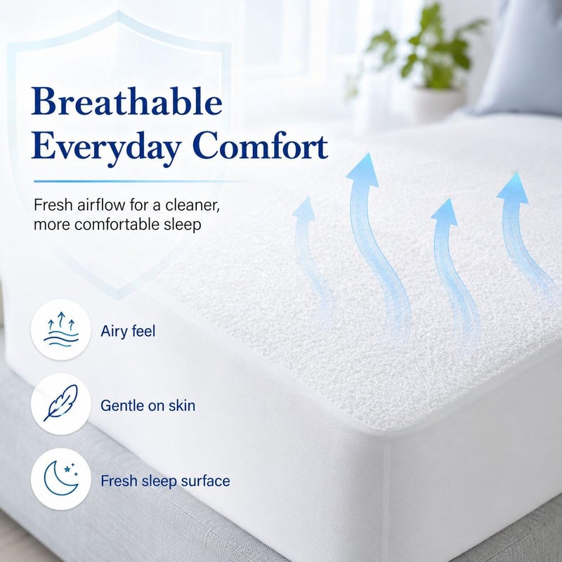 Waterproof Terry Mattress Protector, White, Queen Size, Cotton and Polyester, Washable and Breathable ((180x200cm)) - Image 5
