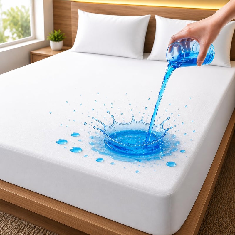 Waterproof Terry Mattress Protector, White, Queen Size, Cotton and Polyester, Washable and Breathable ((180x200cm)) - Image 1
