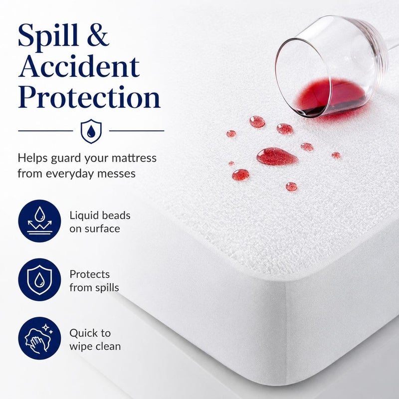 Waterproof Terry Mattress Protector, White, Queen Size, Cotton and Polyester, Washable and Breathable ((180x200cm)) - Image 2
